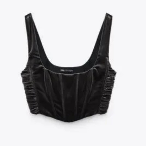 Zara Velour Velvet Metal Gray Stretchy Corset Ruched Crop Top Sz M - Picture 2 of 9
